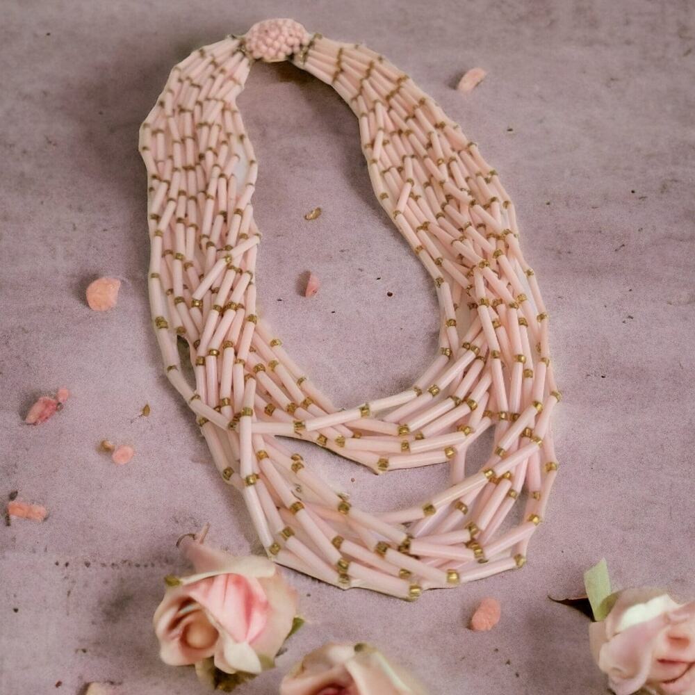 Vintage 1960s Pink Multi Strand Bead Necklace Hong Kong Gold Tone Spacers
